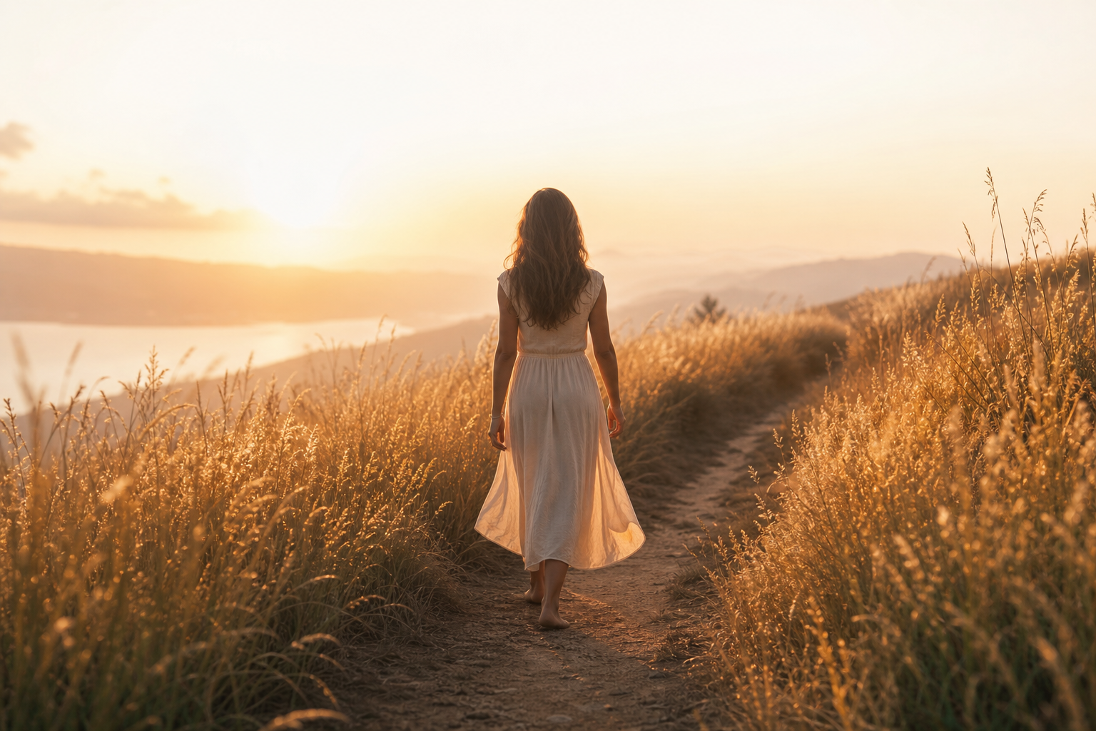 A quiet sunlit path through tall golden grass at dawn